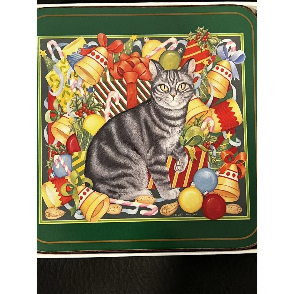 Pimpernel Christmas Cat Coaster Collection Cork Back ~ Boxed Set of 6